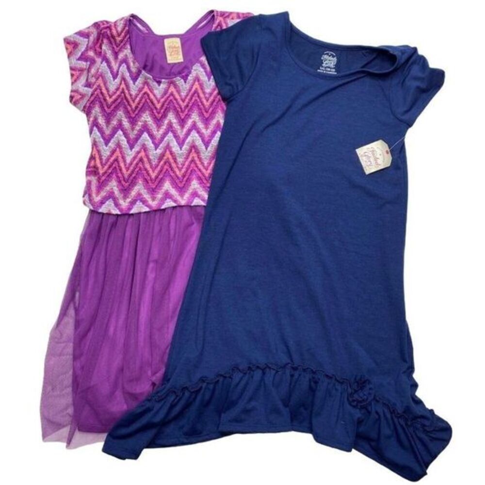 Girls Dress Lot of 2 Purple Chevron and Solid Blue T Shirt Dress Large 10/12 NEW